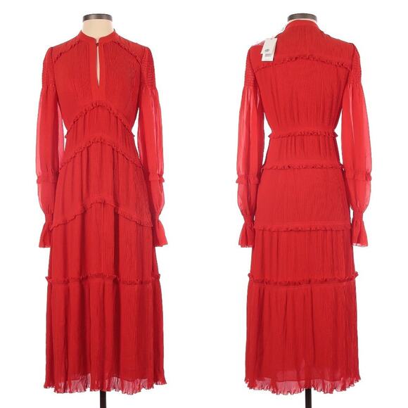 Tory Burch Stella Pleated Ruffle Chiffon Maxi Dress in Red Size 0 New With Tag - Picture 1 of 13